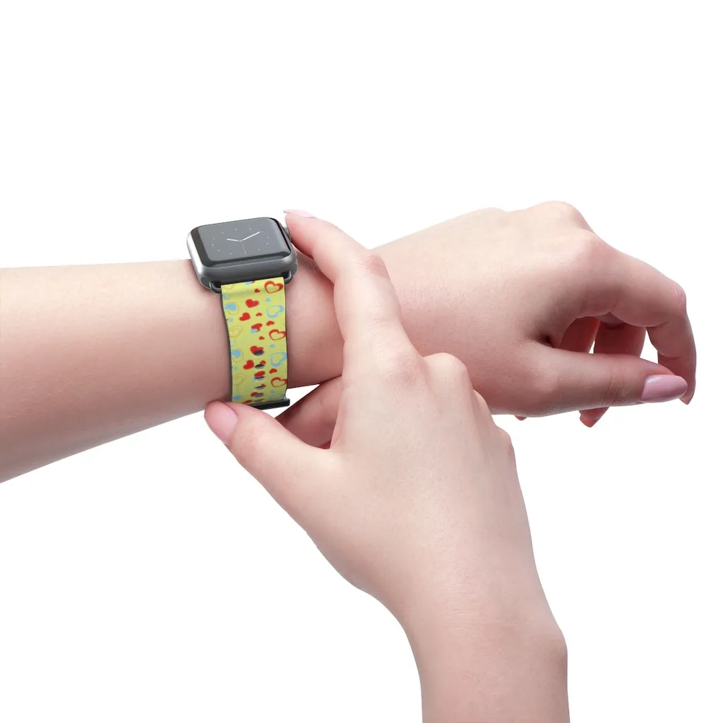 Hearts Pattern Watch Band, Light Yellow Red Hearts Shaped Valentines Day Print Premium 38mm/42mm Watch Band- Made in USA