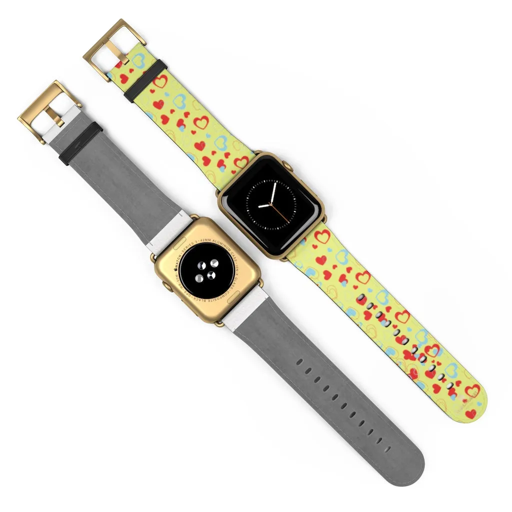 Hearts Pattern Watch Band, Light Yellow Red Hearts Shaped Valentines Day Print Premium 38mm/42mm Watch Band- Made in USA