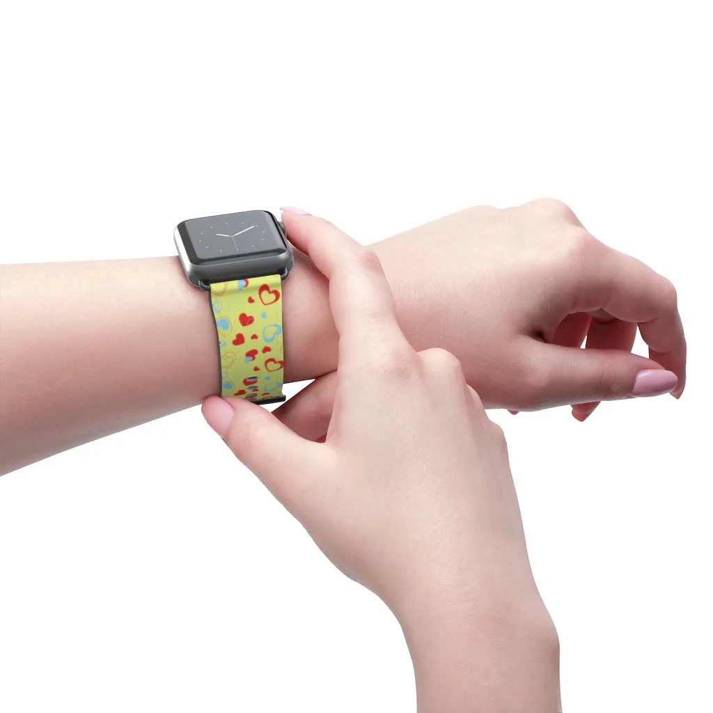 Hearts Pattern Watch Band, Light Yellow Red Hearts Shaped Valentines Day Print Premium 38mm/42mm Watch Band- Made in USA