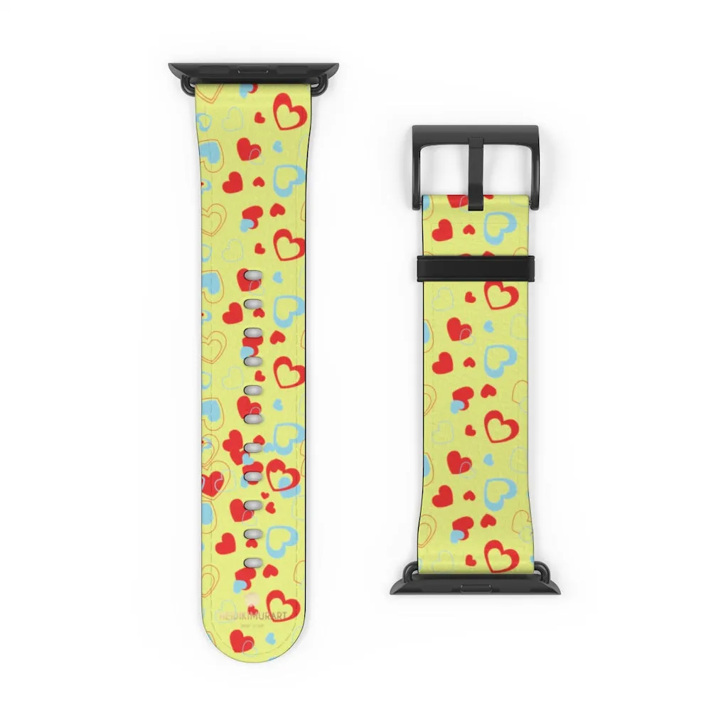 Hearts Pattern Watch Band, Light Yellow Red Hearts Shaped Valentines Day Print Premium 38mm/42mm Watch Band- Made in USA