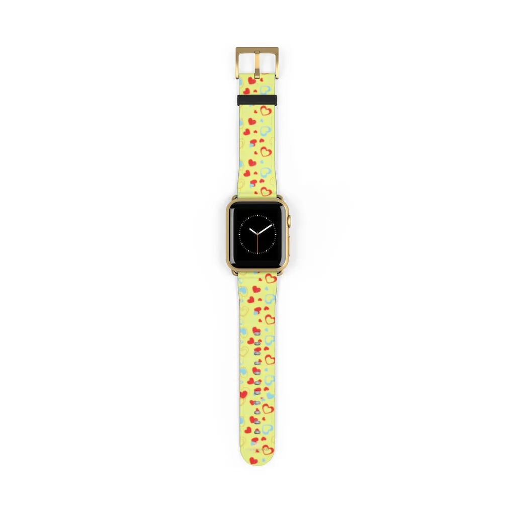 Hearts Pattern Watch Band, Light Yellow Red Hearts Shaped Valentines Day Print Premium 38mm/42mm Watch Band- Made in USA