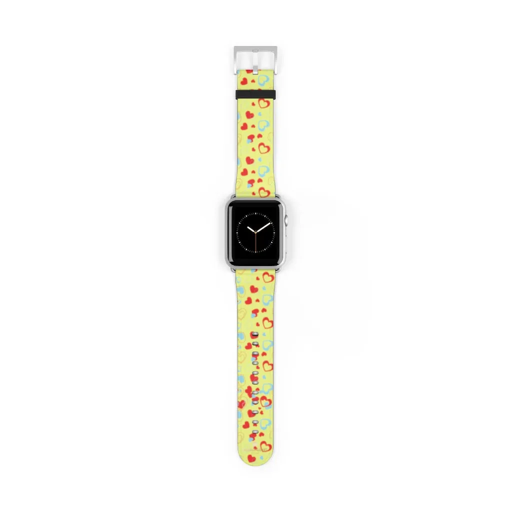 Hearts Pattern Watch Band, Light Yellow Red Hearts Shaped Valentines Day Print Premium 38mm/42mm Watch Band- Made in USA
