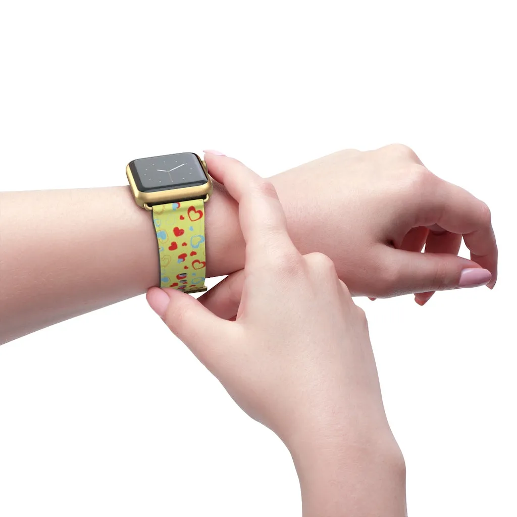 Hearts Pattern Watch Band, Light Yellow Red Hearts Shaped Valentines Day Print Premium 38mm/42mm Watch Band- Made in USA