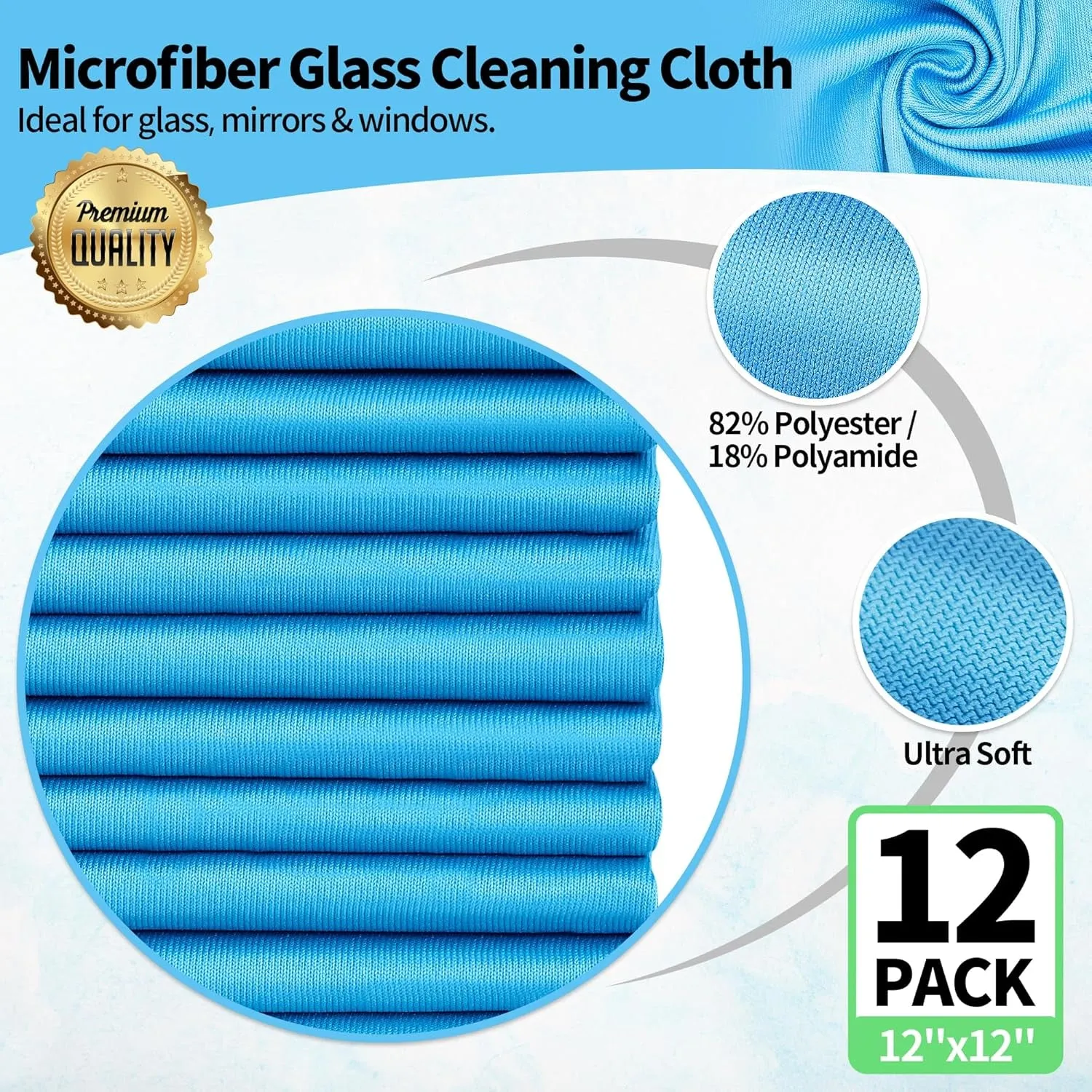 HOMERHYME Microfiber Glass Cleaning Cloth, 12 Pack Window Glass Cleaning Rags, Reusable Lint-Free Dust Polishing Cloth Wipes for Stainless Steel, Eyeglasses, Mirrors, Screens & Lenses,12" 12"