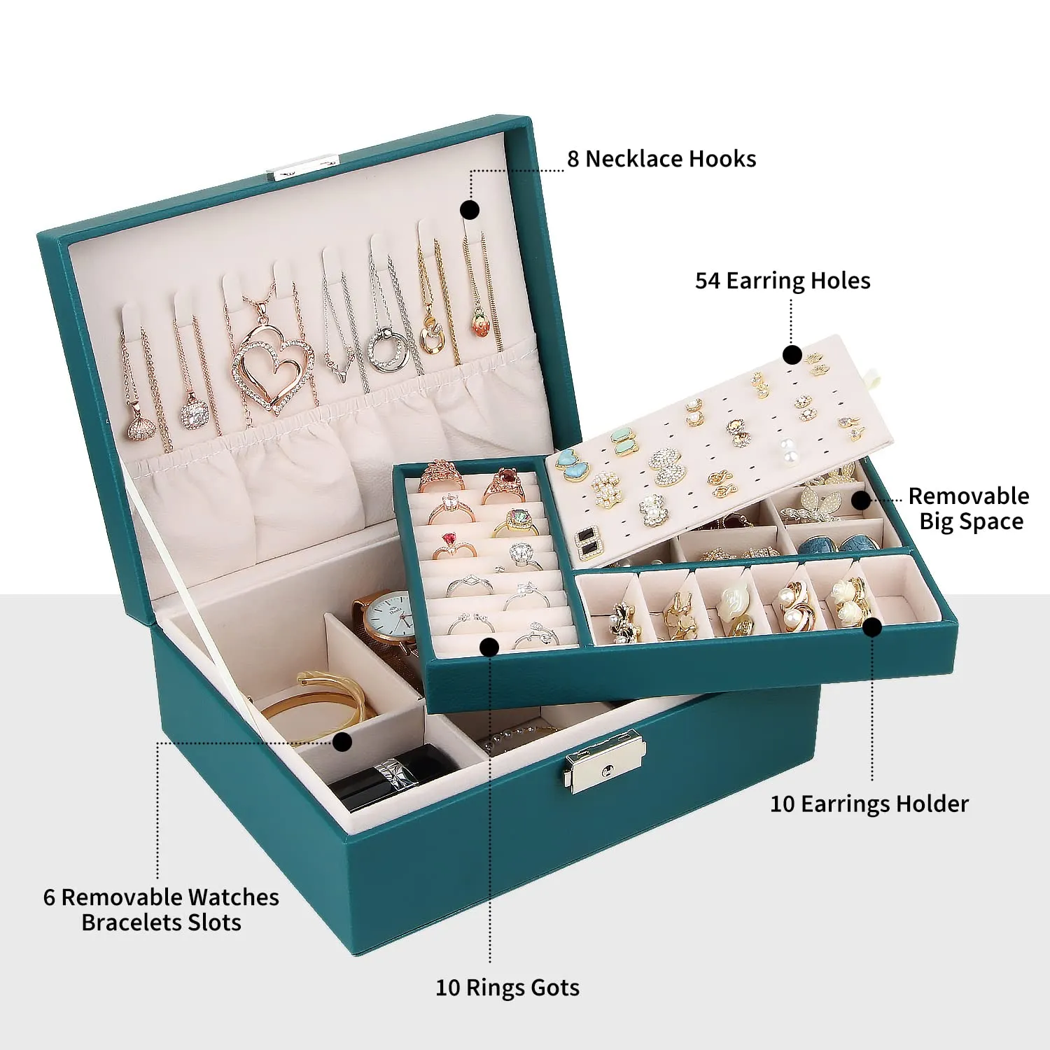 Jewelry box with 2 levels, PU leather jewelry box