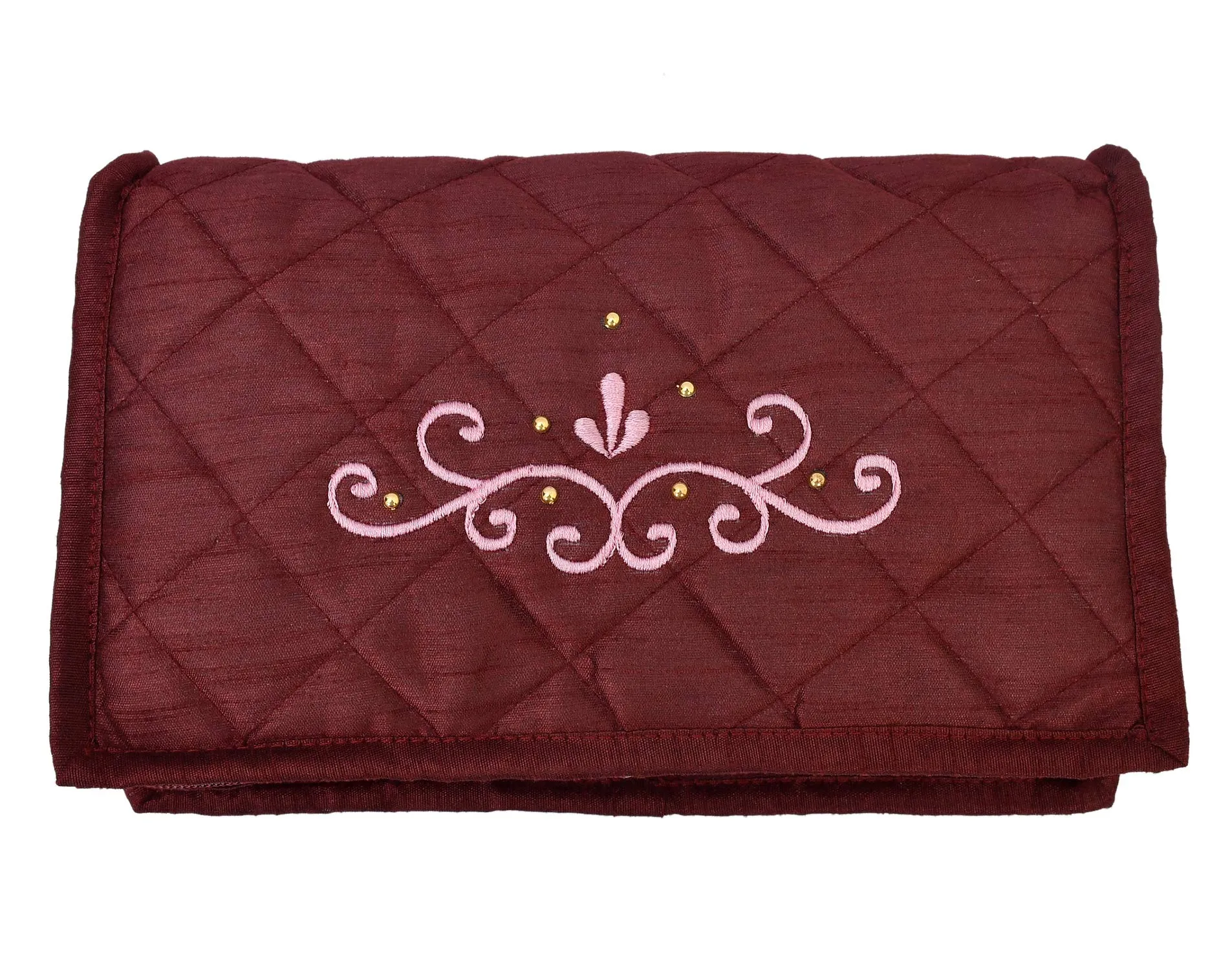 Kuber Industries Embroidery Design 2 Pieces Satin Jewellery Pouch Cum Makeup Kit (Maroon & Pink)
