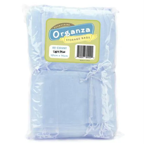 Lot of 50 Light Blue Drawstring Organza Storage Bags