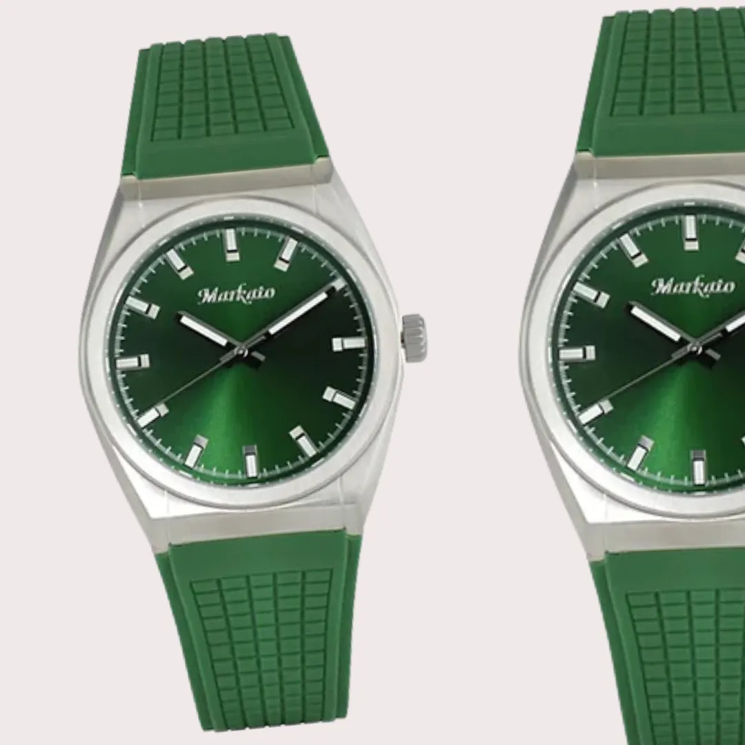 MARKATO Men Watch with Green Dial & Rubber Strap