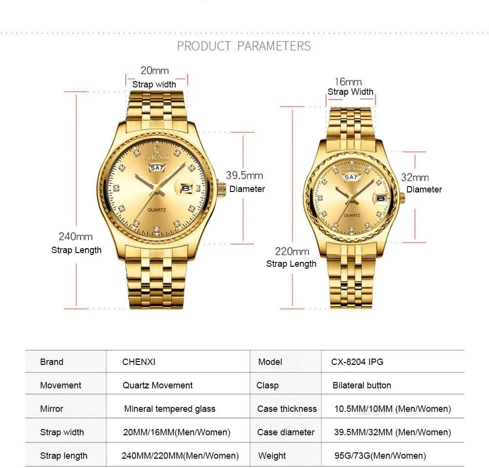 MASTOP Couple Watches Dress Wrist Watch Golden Watch Men Women Stainless Steel Waterproof Quartz Watch