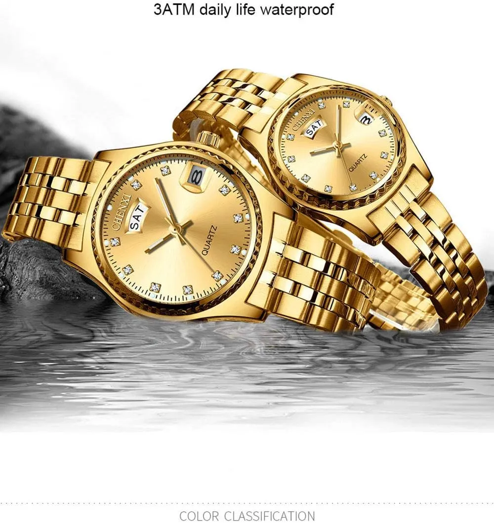 MASTOP Couple Watches Dress Wrist Watch Golden Watch Men Women Stainless Steel Waterproof Quartz Watch