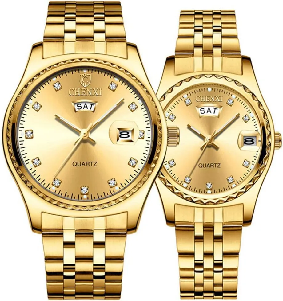 MASTOP Couple Watches Dress Wrist Watch Golden Watch Men Women Stainless Steel Waterproof Quartz Watch