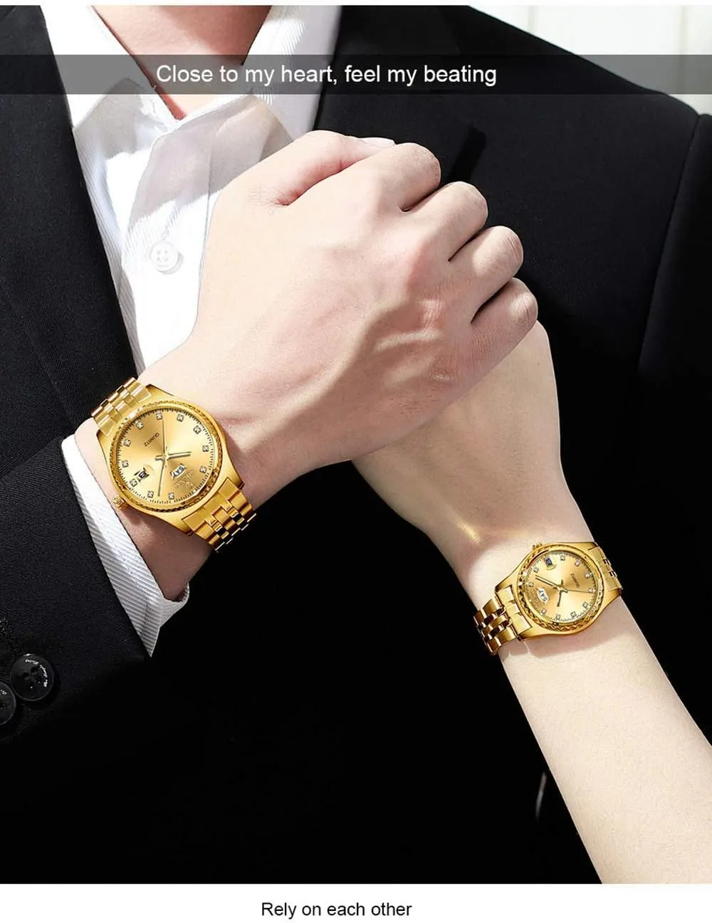 MASTOP Couple Watches Dress Wrist Watch Golden Watch Men Women Stainless Steel Waterproof Quartz Watch