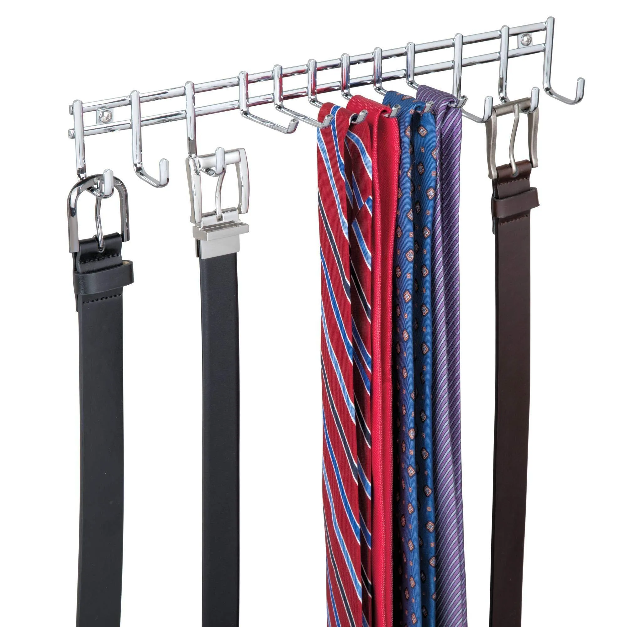 mDesign Closet Wall Mount Metal Accessory Organizer and Storage Center - Modern Slim Holder for Womens and Mens Ties, Belts, Scarves, Sunglasses, Watches - Hardware Included- 12 Hooks, 2 Pack, Chrome