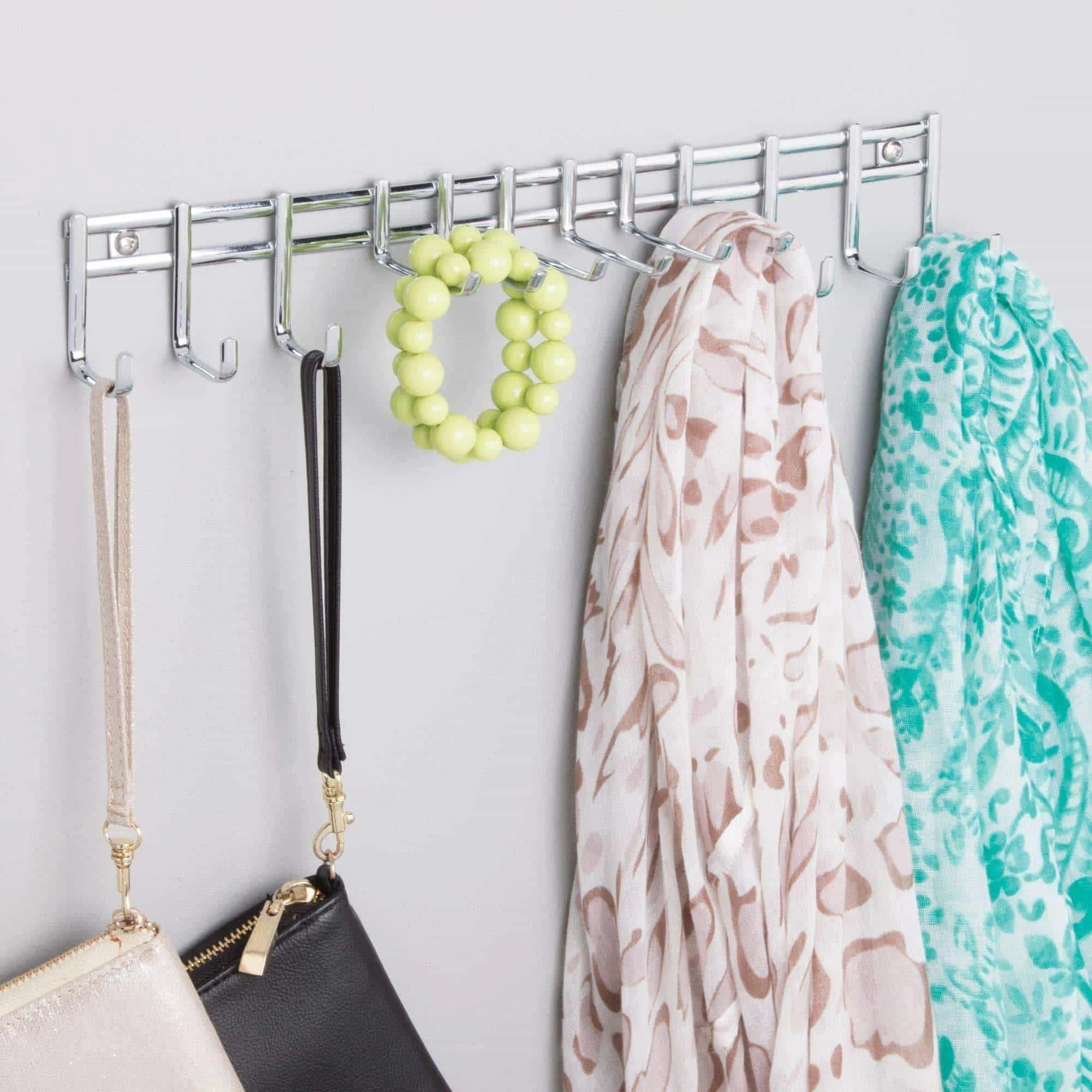 mDesign Closet Wall Mount Metal Accessory Organizer and Storage Center - Modern Slim Holder for Womens and Mens Ties, Belts, Scarves, Sunglasses, Watches - Hardware Included- 12 Hooks, 2 Pack, Chrome