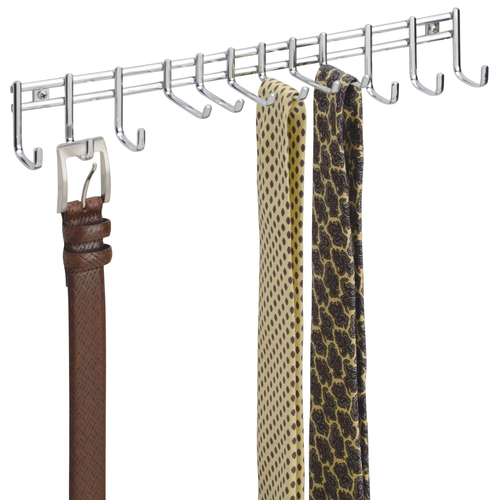 mDesign Closet Wall Mount Metal Accessory Organizer and Storage Center - Modern Slim Holder for Womens and Mens Ties, Belts, Scarves, Sunglasses, Watches - Hardware Included- 12 Hooks, 2 Pack, Chrome