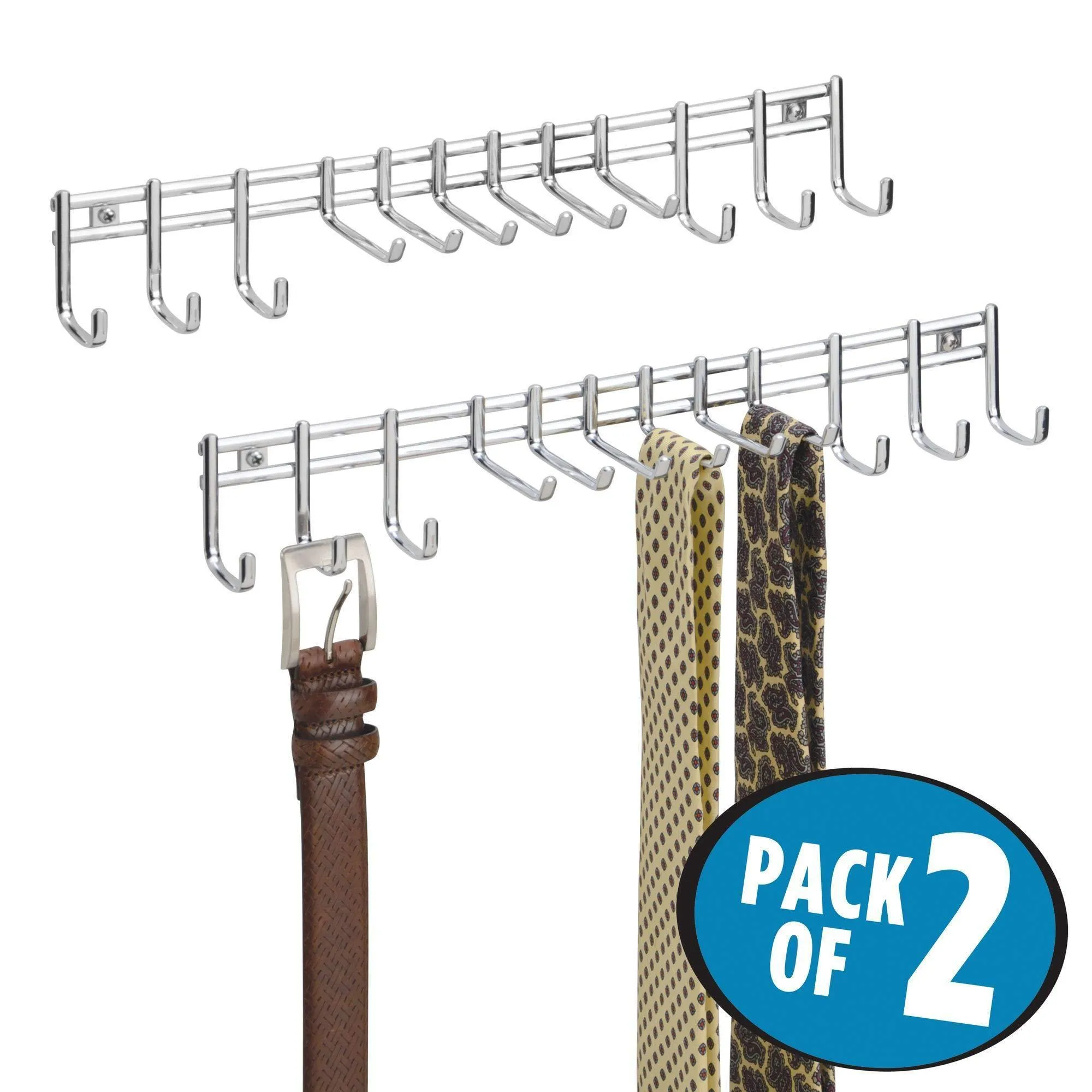 mDesign Closet Wall Mount Metal Accessory Organizer and Storage Center - Modern Slim Holder for Womens and Mens Ties, Belts, Scarves, Sunglasses, Watches - Hardware Included- 12 Hooks, 2 Pack, Chrome