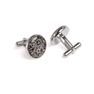 Mechanical Watch Silver Stainless Steel Cufflinks with Carbon Fiber Background and Suspended Gears