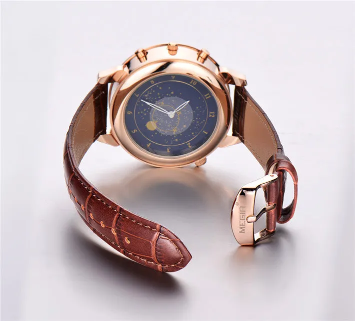 MEGIR Luxury Men Watches Design CHRONOGRAPH 24 Hours Business Watch 2 Movement Genuine Leather Men Watches