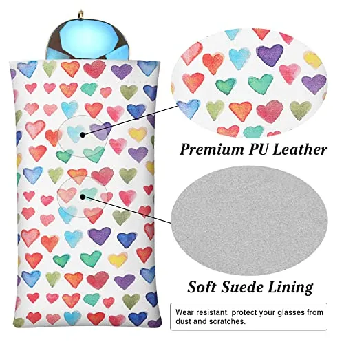 MoKo Squeeze Top Glasses Pouch (2 Pack), Portable Leather Soft Sunglasses Case Anti-Scratch Eyeglasses Bag Goggles Sleeve with Cleaning Cloth for Women Men, Black & Colorful Heart