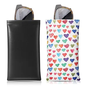 MoKo Squeeze Top Glasses Pouch (2 Pack), Portable Leather Soft Sunglasses Case Anti-Scratch Eyeglasses Bag Goggles Sleeve with Cleaning Cloth for Women Men, Black & Colorful Heart