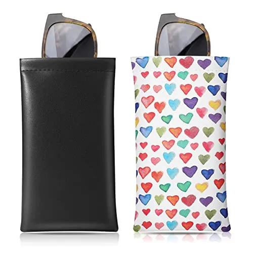MoKo Squeeze Top Glasses Pouch (2 Pack), Portable Leather Soft Sunglasses Case Anti-Scratch Eyeglasses Bag Goggles Sleeve with Cleaning Cloth for Women Men, Black & Colorful Heart