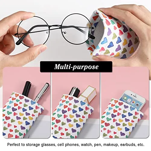 MoKo Squeeze Top Glasses Pouch (2 Pack), Portable Leather Soft Sunglasses Case Anti-Scratch Eyeglasses Bag Goggles Sleeve with Cleaning Cloth for Women Men, Black & Colorful Heart