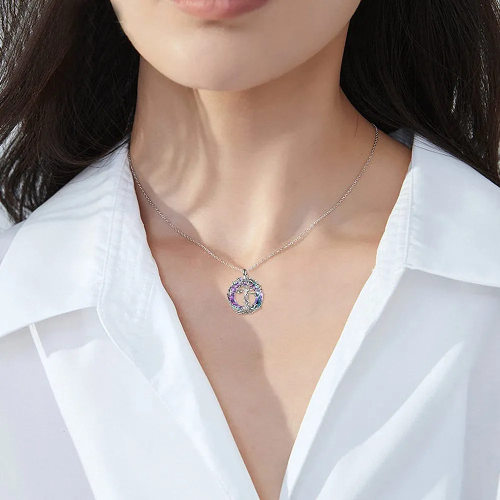 Mother's Day Gifts for Mom S925 Sterling Silver Tree of Life Necklace for Women with Purple Crystal Celtic Family Tree Jewelry Gifts for Her Sister Wife Grandma Daughter Birthday Graduation