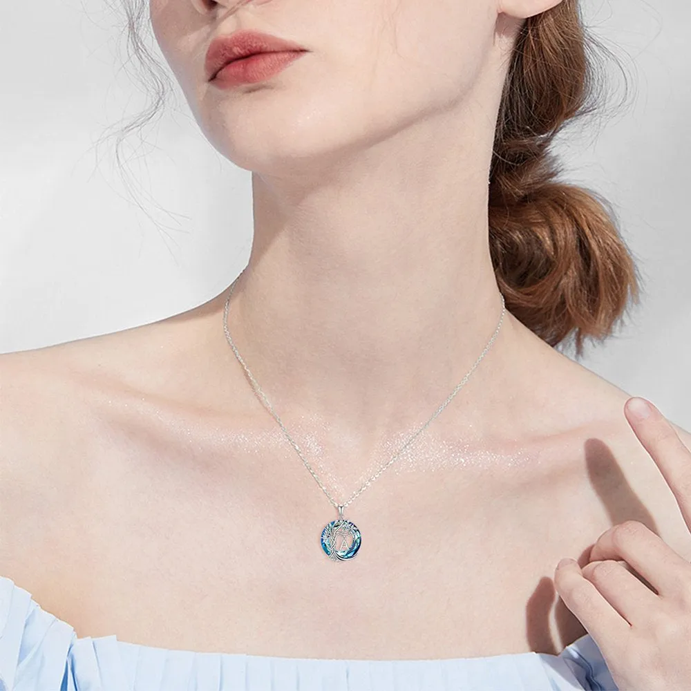 Mother's Day Gifts for Mother Tree of Life Necklace Sterling Silver Initial A Letter Blue Crystal Pendant Necklace Jewelry Gifts for Women Daughter Girls Wife Girlfriend Birthday Graduation