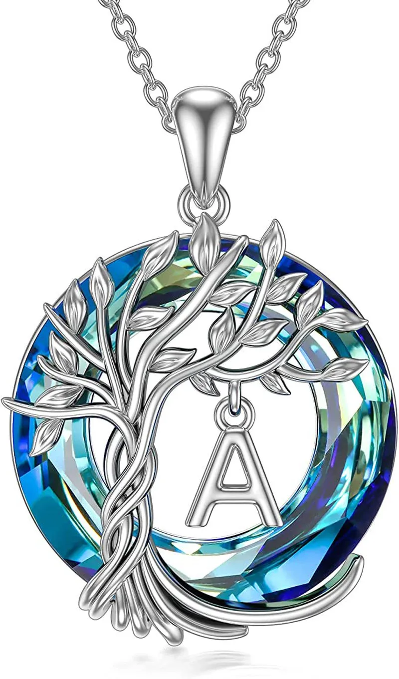 Mother's Day Gifts for Mother Tree of Life Necklace Sterling Silver Initial A Letter Blue Crystal Pendant Necklace Jewelry Gifts for Women Daughter Girls Wife Girlfriend Birthday Graduation