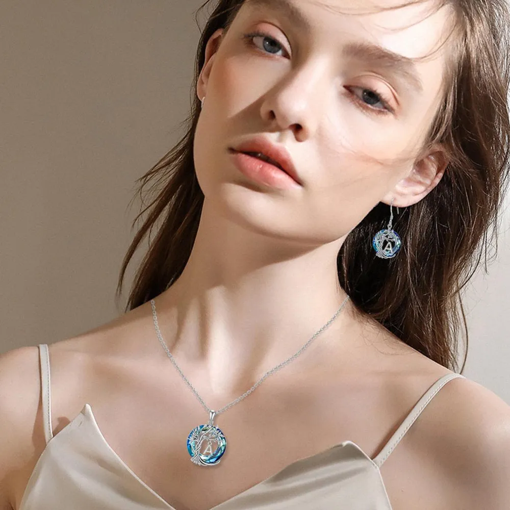 Mother's Day Gifts for Mother Tree of Life Necklace Sterling Silver Initial A Letter Blue Crystal Pendant Necklace Jewelry Gifts for Women Daughter Girls Wife Girlfriend Birthday Graduation