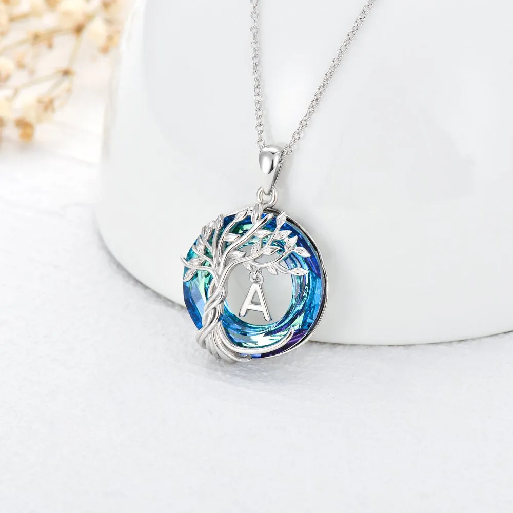 Mother's Day Gifts for Mother Tree of Life Necklace Sterling Silver Initial A Letter Blue Crystal Pendant Necklace Jewelry Gifts for Women Daughter Girls Wife Girlfriend Birthday Graduation