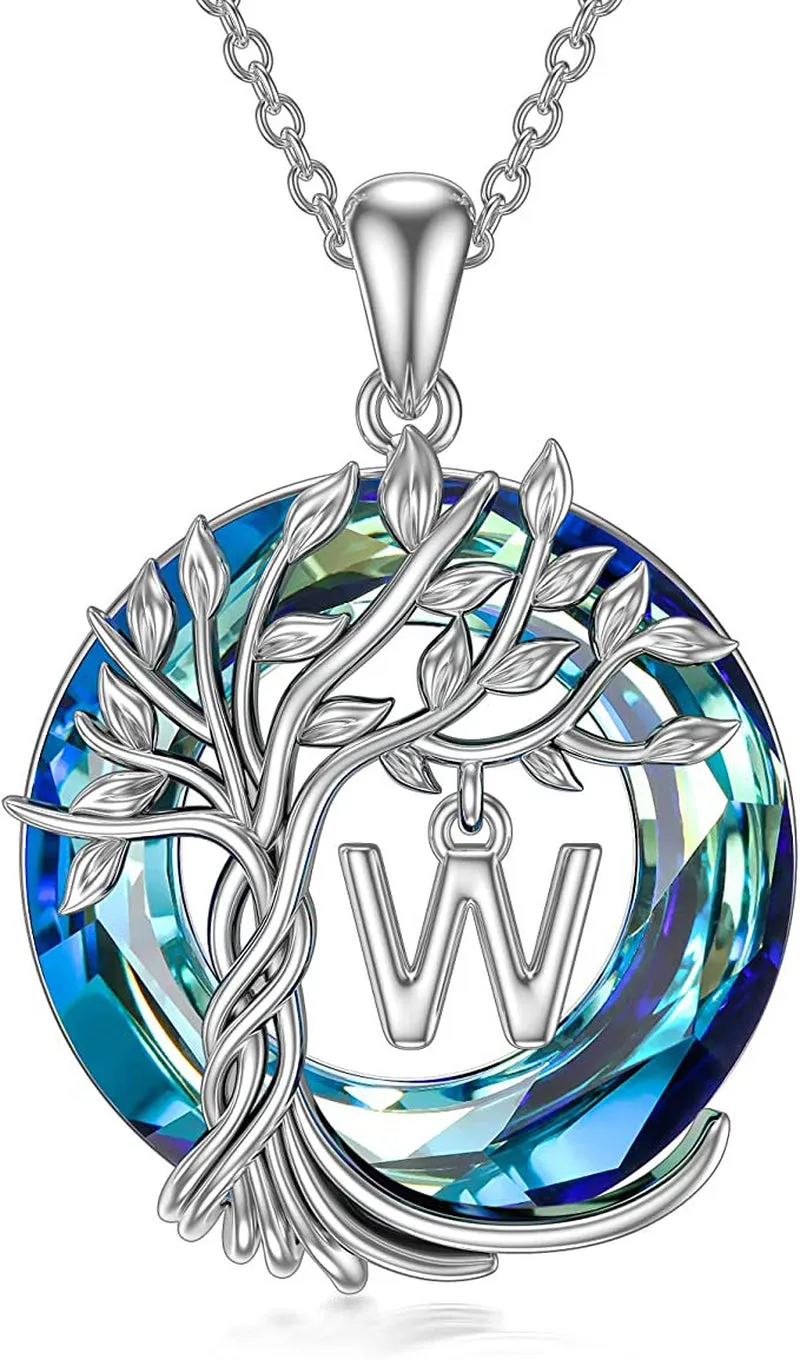 Mother's Day Gifts for Mother Tree of Life Necklace Sterling Silver Initial A Letter Blue Crystal Pendant Necklace Jewelry Gifts for Women Daughter Girls Wife Girlfriend Birthday Graduation