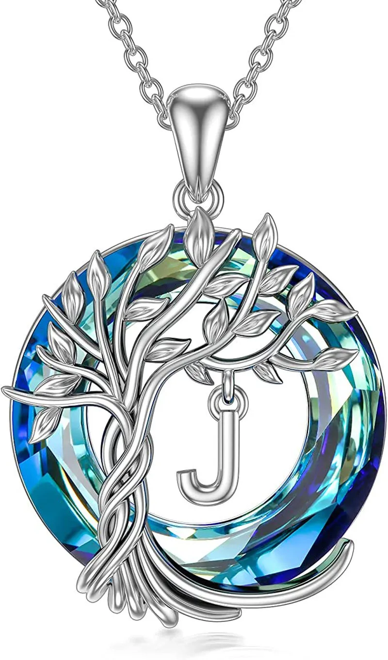Mother's Day Gifts for Mother Tree of Life Necklace Sterling Silver Initial A Letter Blue Crystal Pendant Necklace Jewelry Gifts for Women Daughter Girls Wife Girlfriend Birthday Graduation