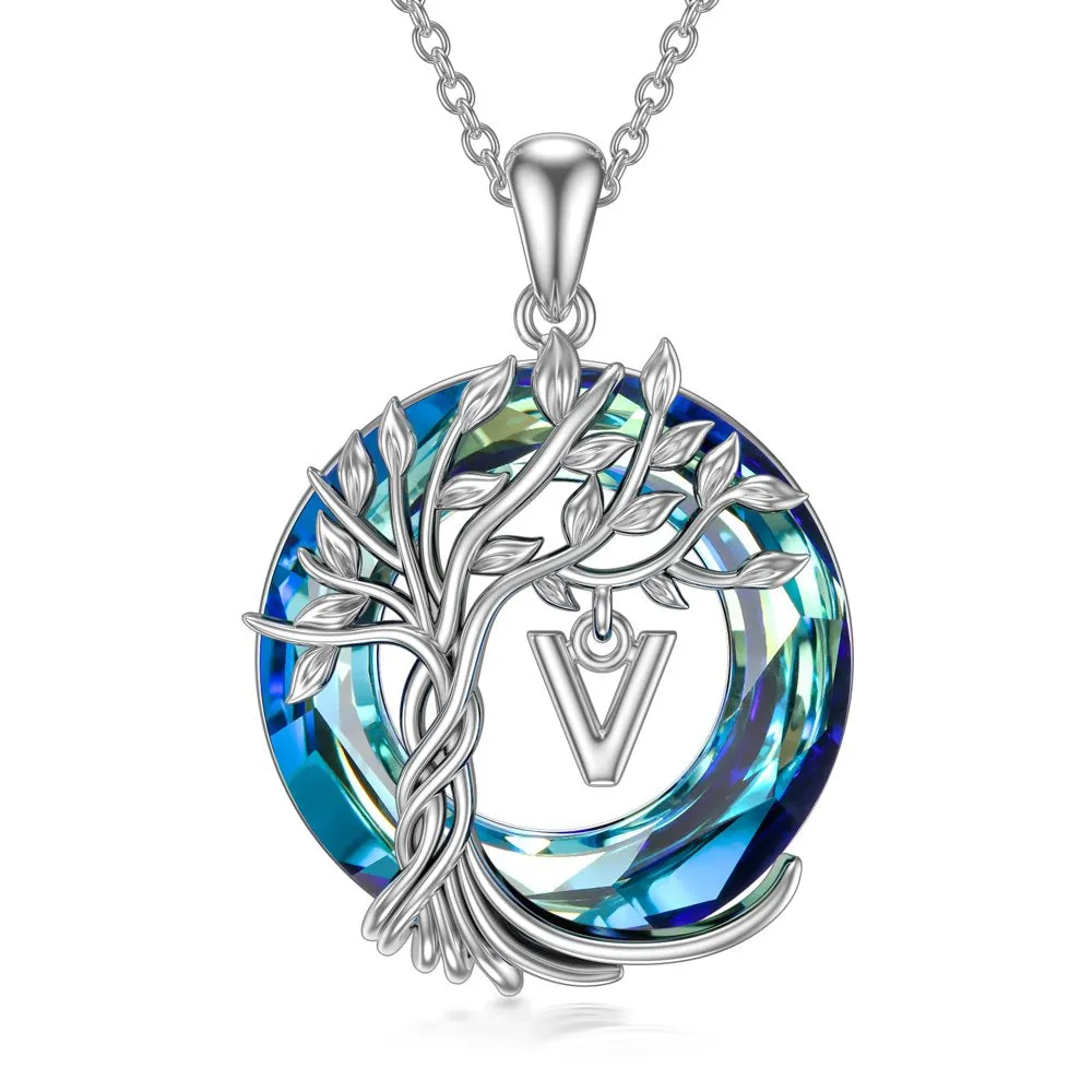 Mother's Day Gifts for Mother Tree of Life Necklace Sterling Silver Initial A Letter Blue Crystal Pendant Necklace Jewelry Gifts for Women Daughter Girls Wife Girlfriend Birthday Graduation