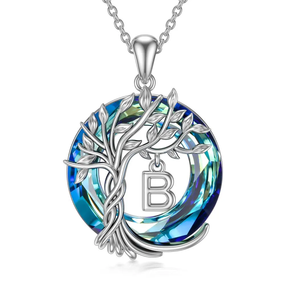 Mother's Day Gifts for Mother Tree of Life Necklace Sterling Silver Initial A Letter Blue Crystal Pendant Necklace Jewelry Gifts for Women Daughter Girls Wife Girlfriend Birthday Graduation