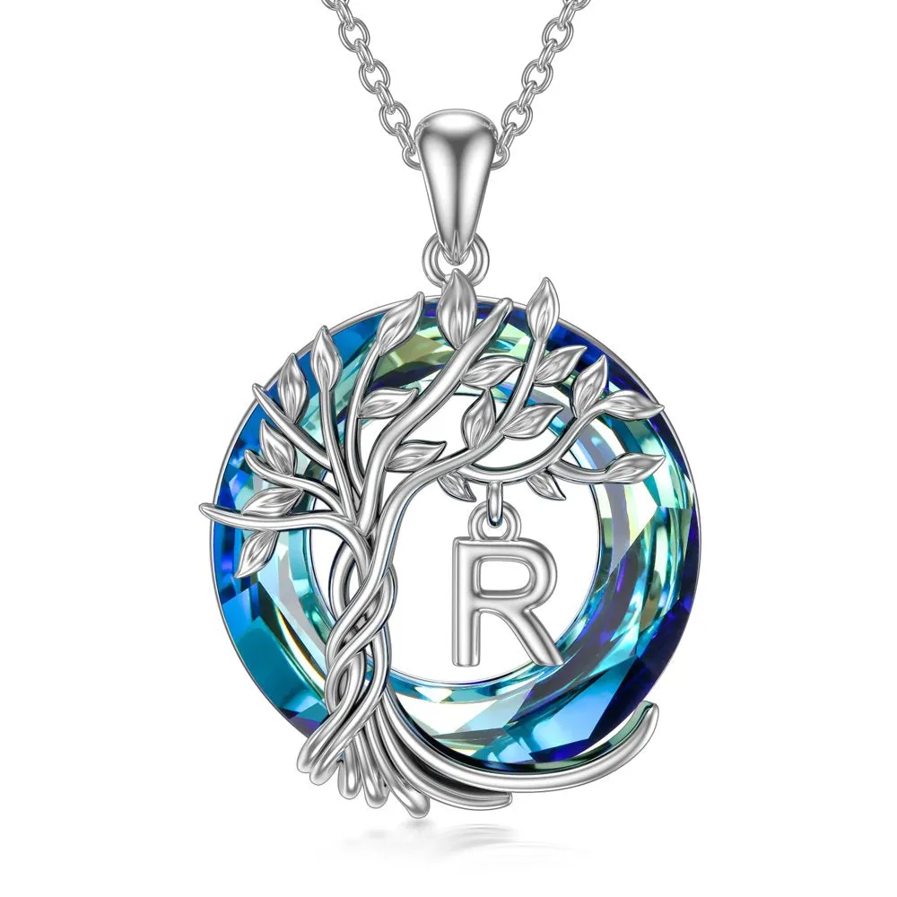 Mother's Day Gifts for Mother Tree of Life Necklace Sterling Silver Initial A Letter Blue Crystal Pendant Necklace Jewelry Gifts for Women Daughter Girls Wife Girlfriend Birthday Graduation