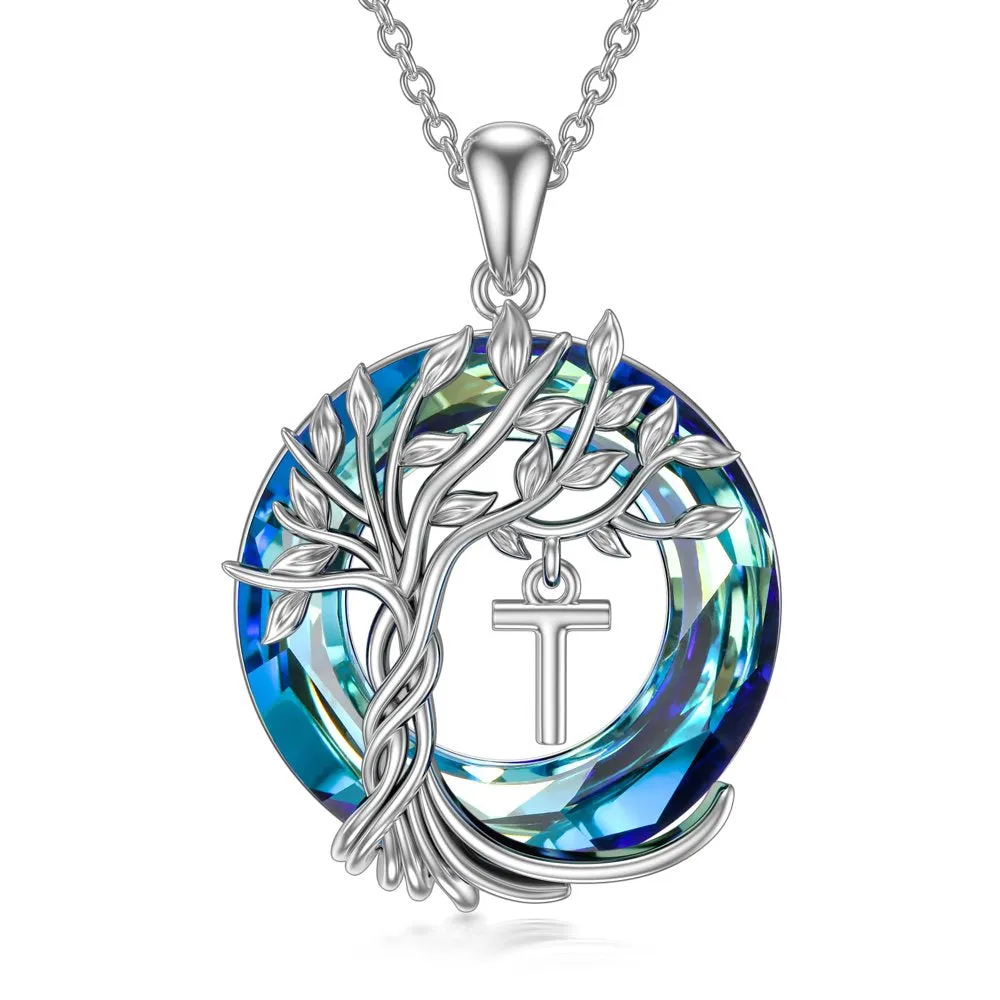 Mother's Day Gifts for Mother Tree of Life Necklace Sterling Silver Initial A Letter Blue Crystal Pendant Necklace Jewelry Gifts for Women Daughter Girls Wife Girlfriend Birthday Graduation