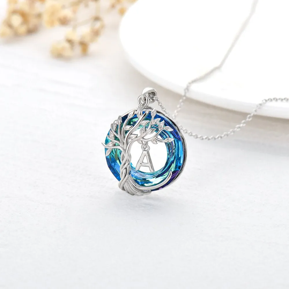 Mother's Day Gifts for Mother Tree of Life Necklace Sterling Silver Initial A Letter Blue Crystal Pendant Necklace Jewelry Gifts for Women Daughter Girls Wife Girlfriend Birthday Graduation