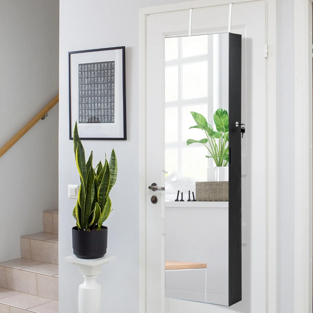 NNECW Lockable Mirror Jewelry Cabinet with 3-Colour LED Light-Black