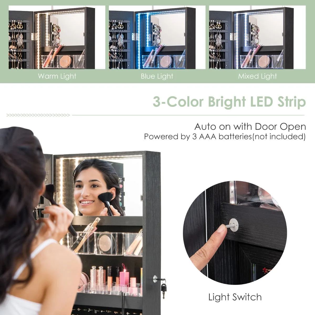 NNECW Lockable Mirror Jewelry Cabinet with 3-Colour LED Light-Black