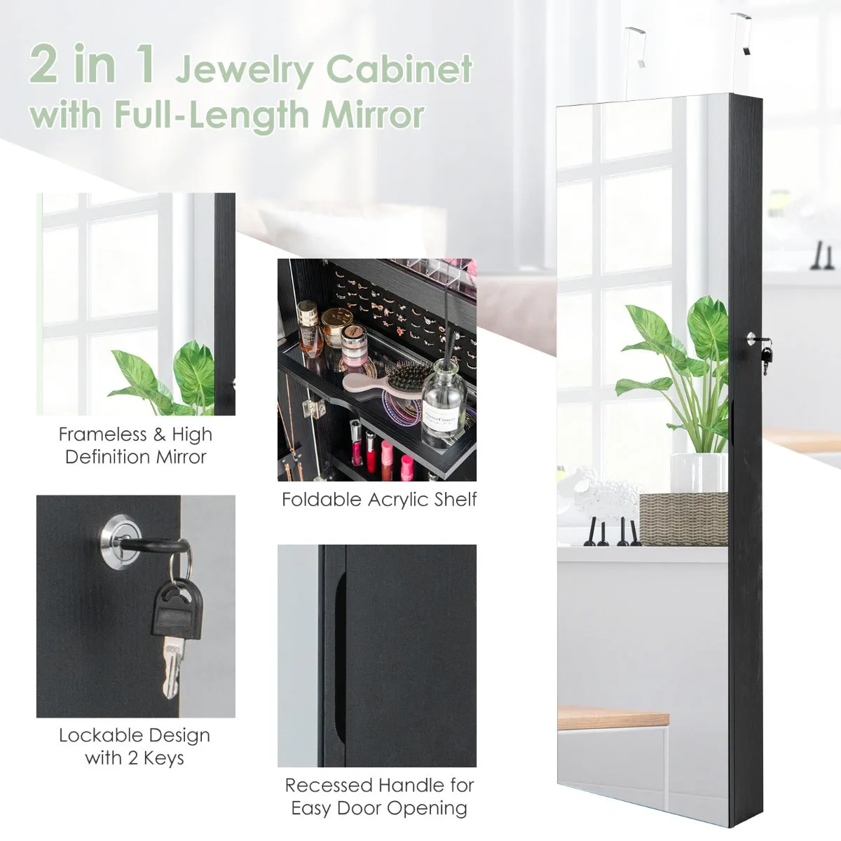 NNECW Lockable Mirror Jewelry Cabinet with 3-Colour LED Light-Black