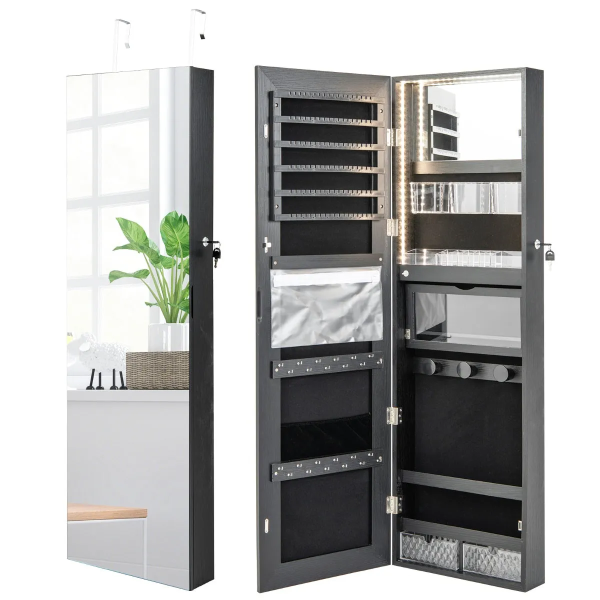 NNECW Lockable Mirror Jewelry Cabinet with 3-Colour LED Light-Black