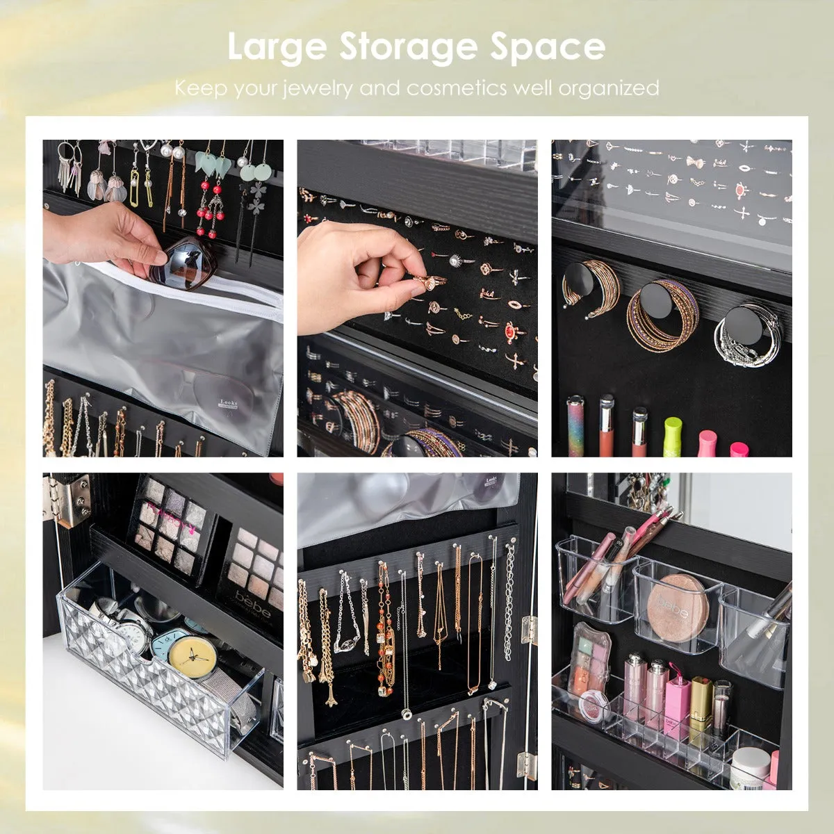 NNECW Lockable Mirror Jewelry Cabinet with 3-Colour LED Light-Black
