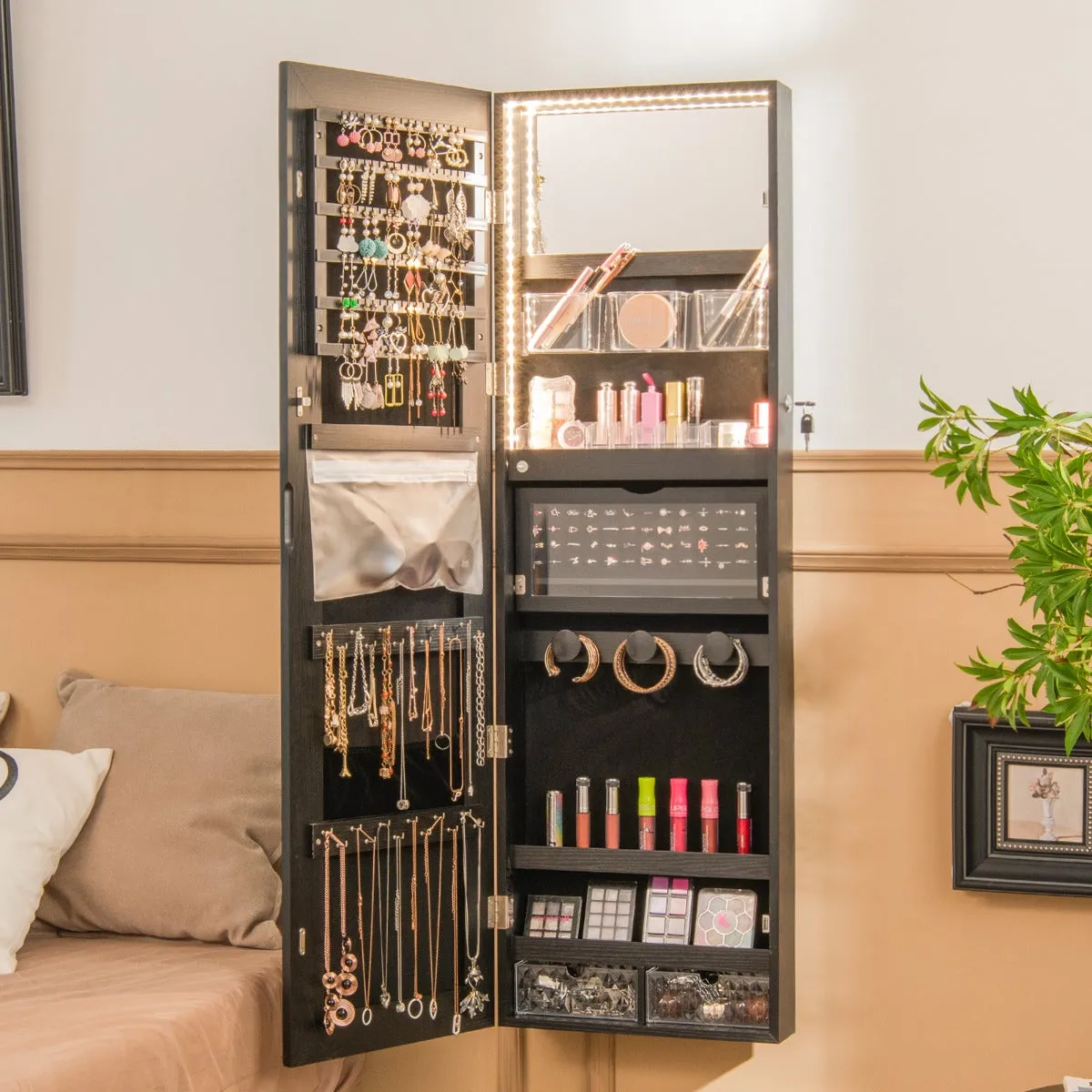 NNECW Lockable Mirror Jewelry Cabinet with 3-Colour LED Light-Black