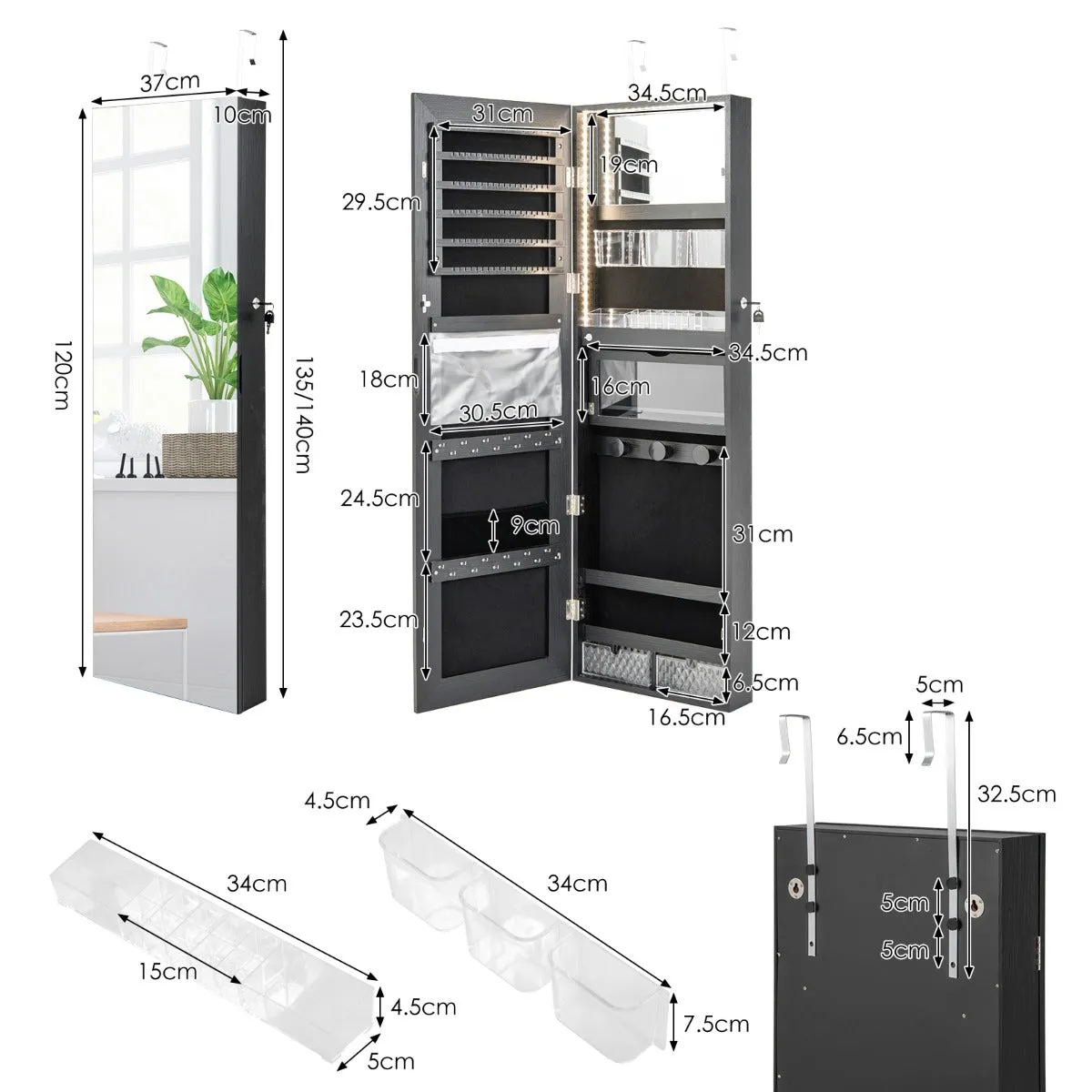 NNECW Lockable Mirror Jewelry Cabinet with 3-Colour LED Light-Black