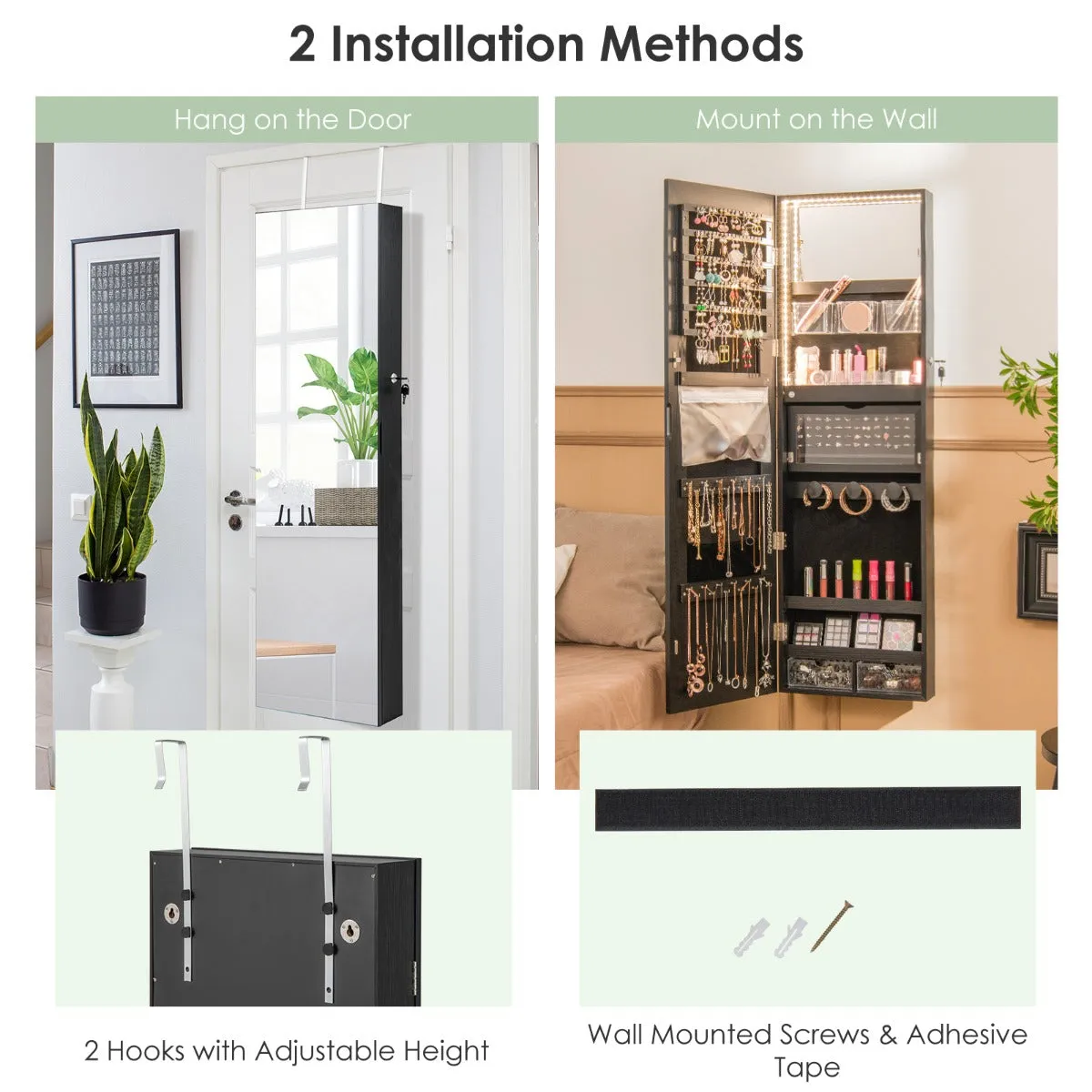 NNECW Lockable Mirror Jewelry Cabinet with 3-Colour LED Light-Black