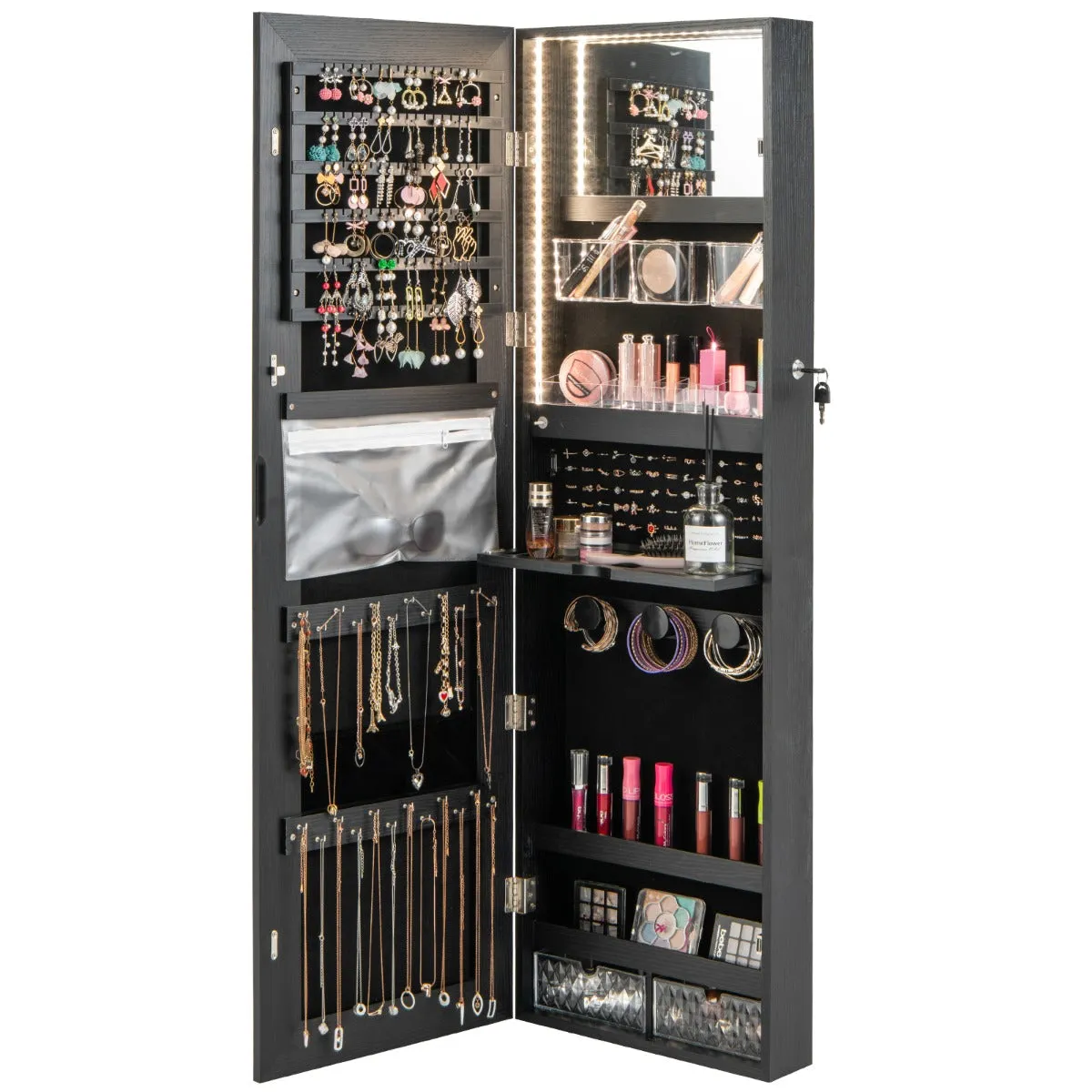 NNECW Lockable Mirror Jewelry Cabinet with 3-Colour LED Light-Black