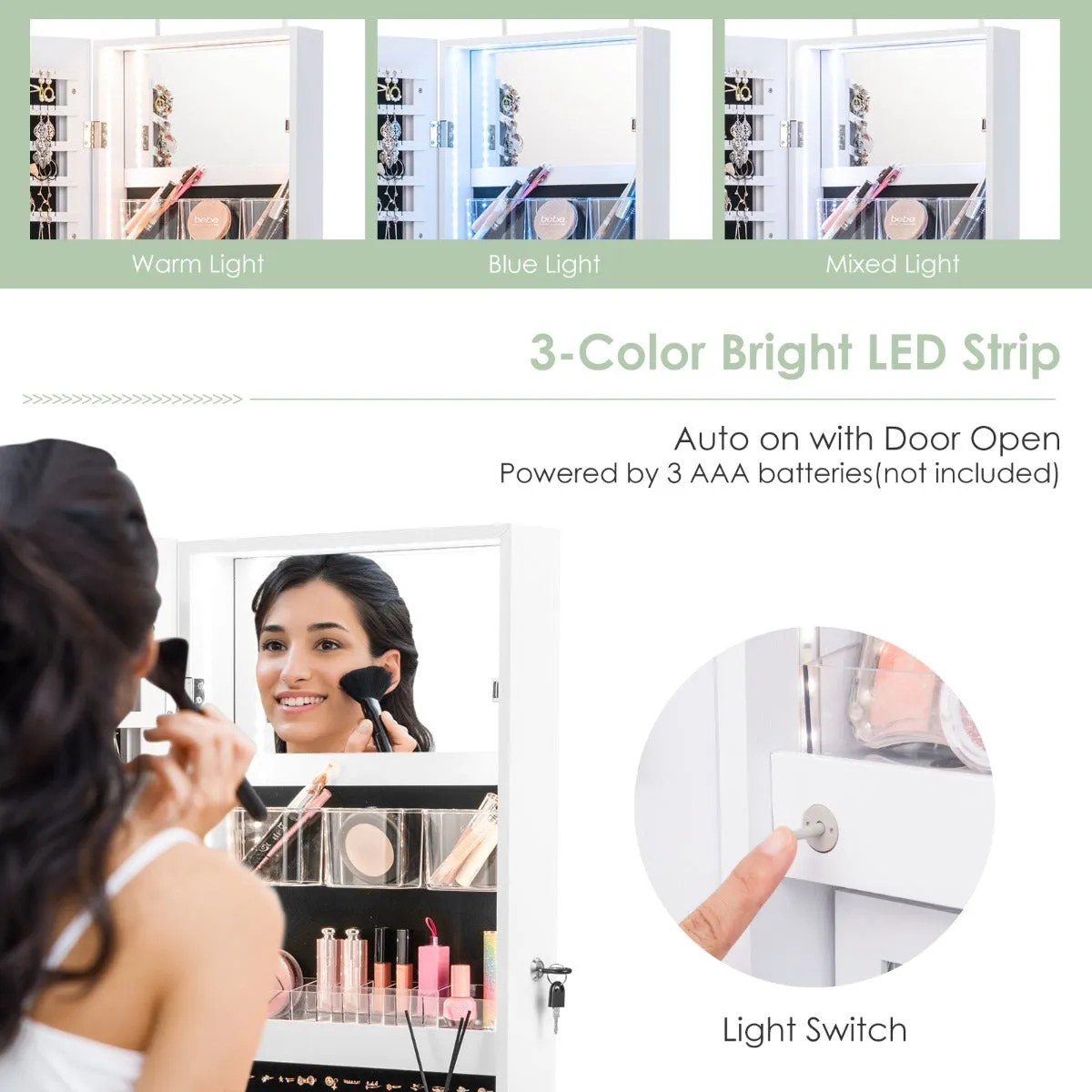 NNECW Lockable Mirror Jewelry Cabinet with 3-Colour LED Light-White