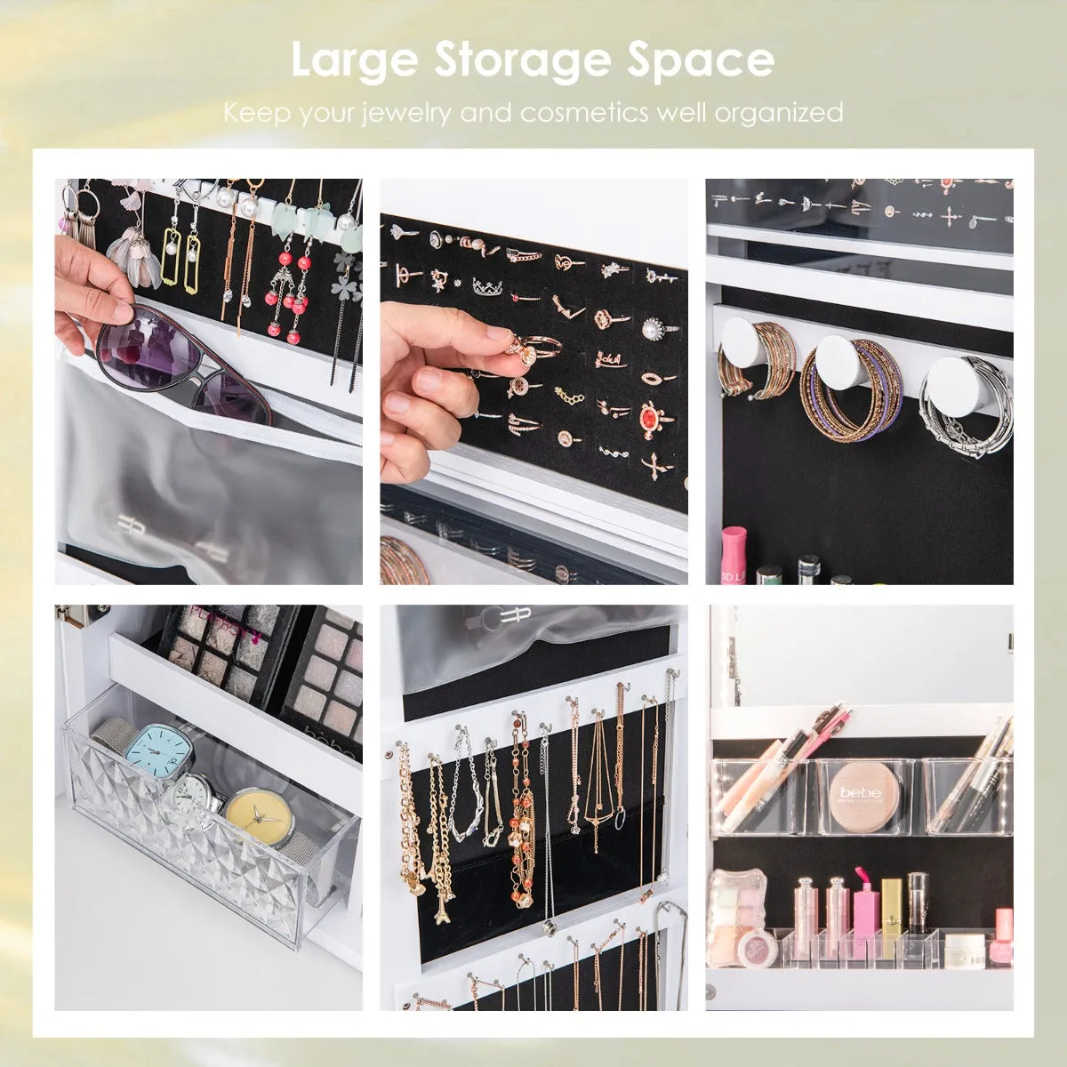 NNECW Lockable Mirror Jewelry Cabinet with 3-Colour LED Light-White
