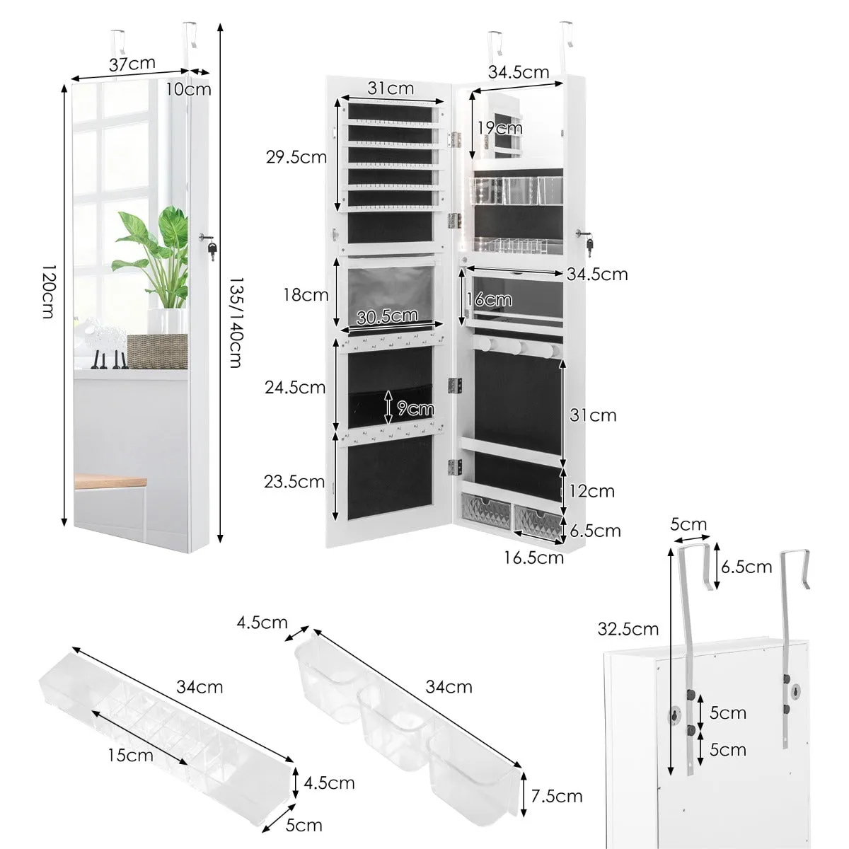 NNECW Lockable Mirror Jewelry Cabinet with 3-Colour LED Light-White